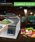 Chamber vacuum sealer machine with stainless steel body and touchscreen control; open lid inserting bag of green beans