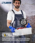 Person wearing Workhorse PVC Chemical Resistant Gloves 6 Pairs Grippy Non Slip Rubber Work Gloves For Acid Alkali And Oil Protection Blue Large Rugged Durable Hand Armor holding container