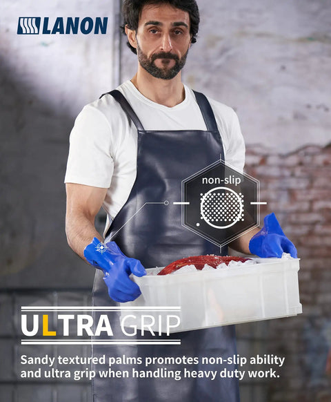 Person wearing Workhorse PVC Chemical Resistant Gloves 6 Pairs Grippy Non Slip Rubber Work Gloves For Acid Alkali And Oil Protection Blue Large Rugged Durable Hand Armor holding container