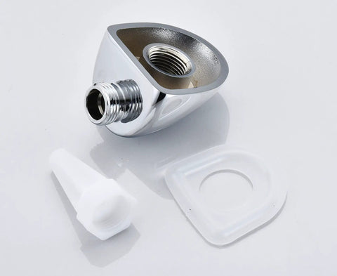 Sturdy Chrome Wall Mount Elbow for Handheld Shower System with 90 degree supply fitting and one half inch inlet to outlet