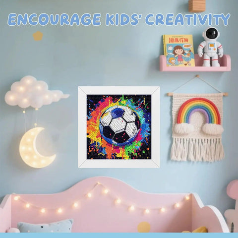 Football Diamond Art Kit For Kids With Frame 7 By 7 Inch Diamond Painting Craft For Ages 4 8 12 Great Gift And Home Wall Decor Includes Canvas Crystals Frame Pen Tray And Adhesive displayed in a child's room with decorative lights.