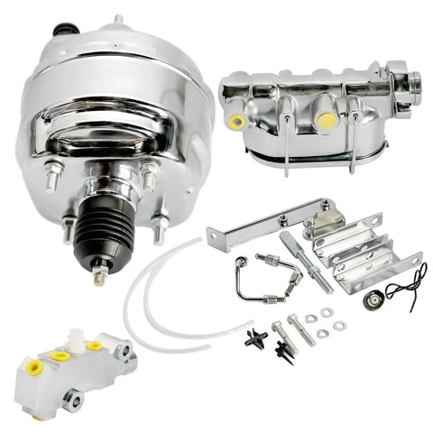 9 Inch Dual Diaphragm Chrome Power Brake Booster Paired With 1 1 8 Bore Master Cylinder And PV4 Disc Drum Proportioning Valve For Chevy Corvette 1968 To 1982 parts viewed from above