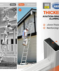 7 In 1 Folding Aluminum Ladder Multi Purpose Extension Scaffold Leaning Stepladder Heavy Duty With EN 131 Standard 12.5 Feet Folds To Compact 40.5 By 11 By 23.5 Inches For Easy Storage And Versatile Height, worker using aluminum extension ladder
