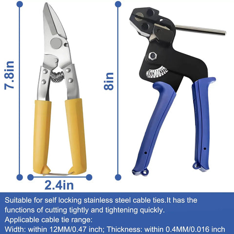 Heavy Duty Stainless Zip Tie Gun Kit With 100 Self Locking Cable Ties, blue tensioning tool and yellow scissors
