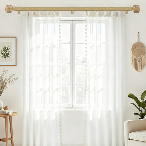 Wood Look Metal Curtain Rod Set No Fuss 1 Inch Heavy Duty Adjustable Rods With Leaf Pattern Finials Boho Farmhouse Style Above Window