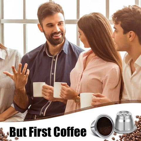 Group enjoying coffee with Stainless Steel Reusable Espresso Capsules Set For Nespresso Machines, 6 Pods, Lids, Spoon, Brush visible