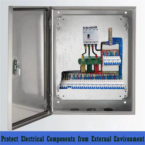 Stainless Steel Electrical Cabinet Box Enclosure for Wall Mount Heavy Duty Junction Chest for Utility and Pump Systems 14 by 12 by 8 Inches 1.2mm Thick Weather Resistant Project Box, open with wiring