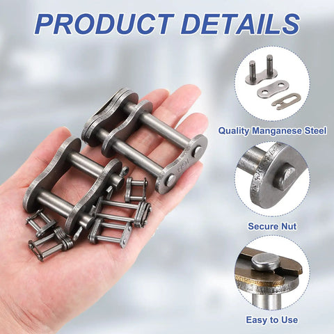 Buy This 95mm Pitch ANSI #35 Roller Chain Master Link Set With Heavy Duty Manganese Steel For Tough Job Site Repairs And Smooth Bike Fixes That Rock, shown in hand.