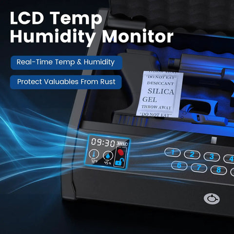 Handheld Biometric Gun Safe With Ergonomic Handle For Quick Access To Your Piece And Key Backup Secure Storage You Can Toss In The Truck Or Nightstand And Roll Out With Peace Of Mind showing an LCD temp humidity monitor with pistol.