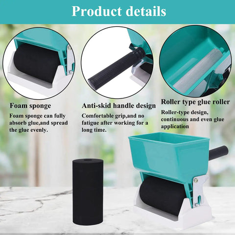 Heavy Duty Wood Glue Roller Applicator Featuring Smart Flow Control Dial showing foam sponge, anti-skid handle, and roller design for even coverage.