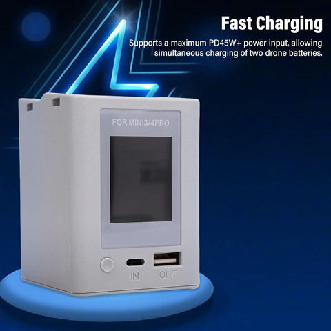 Drone Battery Charger Hub With 45W PD Fast Charging And LCD Display for Mini 3 3 Pro 4 Pro Batteries showing ports and screen.