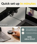 Intelligent Video Bar Webcam Delivers Fire 4K Action Over A Stunning 180 Degree Field Of View Perfect For Bustling Meeting Rooms, showing USB connection and remote control setup.