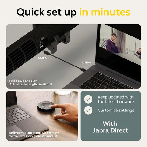Intelligent Video Bar Webcam Delivers Fire 4K Action Over A Stunning 180 Degree Field Of View Perfect For Bustling Meeting Rooms, showing USB connection and remote control setup.