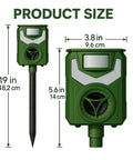 Solar Ultrasonic Animal Repeller With 110 Degree PIR Motion Sensor, 5 Modes, IP44 Weatherproof, LED Strobe And 90 dB Alarm, USB C Rechargeable, Repels Cats, Dogs, Deer, Squirrels, Raccoons And Birds. Product size diagram, 19 in stake, 5.6 in x 3.8 in