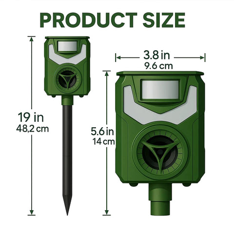 Solar Ultrasonic Animal Repeller With 110 Degree PIR Motion Sensor, 5 Modes, IP44 Weatherproof, LED Strobe And 90 dB Alarm, USB C Rechargeable, Repels Cats, Dogs, Deer, Squirrels, Raccoons And Birds. Product size diagram, 19 in stake, 5.6 in x 3.8 in