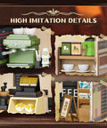 High imitation details of LED Coffee Shop Mini Model Kit for DIY Dollhouse Enthusiasts, featuring coffee machine and accessories