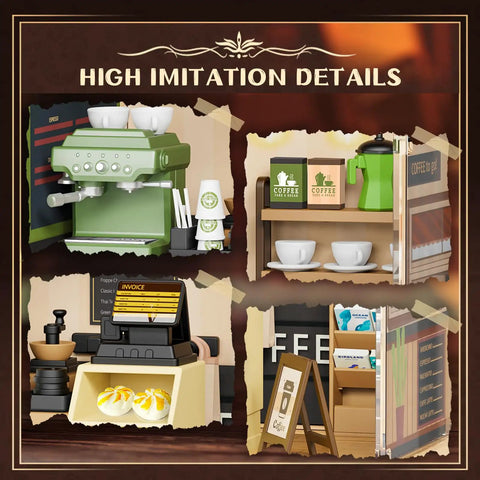 High imitation details of LED Coffee Shop Mini Model Kit for DIY Dollhouse Enthusiasts, featuring coffee machine and accessories