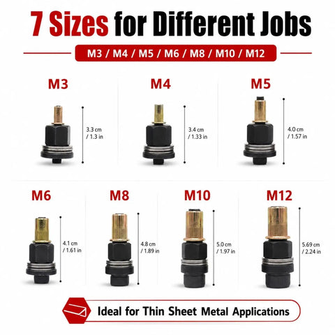 Carbon Steel Rivnut Kit With M3 Through M12 Rivet Nuts And Replacement Mandrels 77 Piece Set For Rivnut Installation And Quick Repair Hand Riveter Tool Accessories, 7 sizes shown