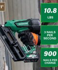 36V MultiVolt Cordless Plastic Strip Framing Nailer Kit With 2.5Ah Battery, 21 Degree Framing Nailer For Two Inch To Three And A Half Inch Nails, Beast Mode Power Tool NR3690DR in use against a wall, showing features.