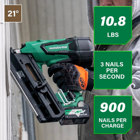 36V MultiVolt Cordless Plastic Strip Framing Nailer Kit With 2.5Ah Battery, 21 Degree Framing Nailer For Two Inch To Three And A Half Inch Nails, Beast Mode Power Tool NR3690DR in use against a wall, showing features.