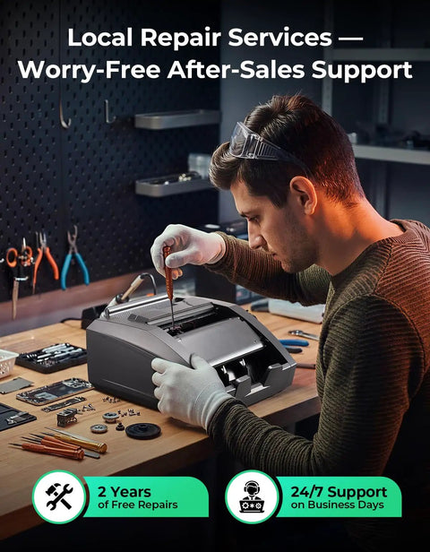 Technician repairing Money Counter Machine With Value Count And Counterfeit Detection For Dollar And Euro Bills, MT UV MG IR DD DBL HLF CHN