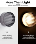 Modern Round LED Wall Sconce, 8W Smoke Grey Striped Glass Vanity Light on wall, showcasing sleek design and warm illumination.