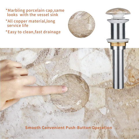 Oval Marble Vessel Sink With Pop Up Drain For Above Counter Bathroom Ceramic Vessel Sink With Nordic Marbling, drain close-up