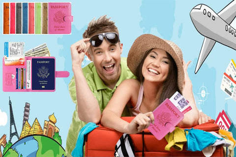 Couple holding Passport Holder Wallet With RFID Blocking Leather Card Case For Travel, surrounded by travel icons and suitcases.