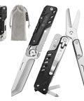Detachable 7 In 1 Multitool with split and merge design, 440A stainless steel knife blade and large scissors, shown with pouch