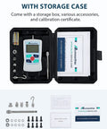 Go To Portable 500N Digital Force Gauge Push Pull Tester With Case, Four Measurement Units N Lb Kg Oz, Max Load 500N 50kg 110lb 1800oz, Accuracy About One Percent, Battery Powered With Two AAA, Three Measurement Modes. open case with force gauge and accessories