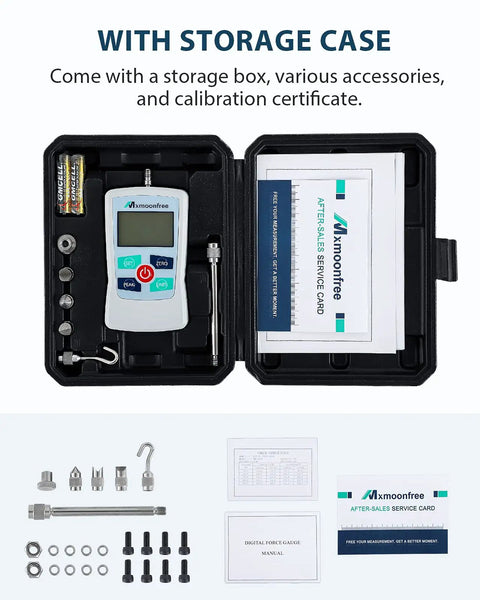 Go To Portable 500N Digital Force Gauge Push Pull Tester With Case, Four Measurement Units N Lb Kg Oz, Max Load 500N 50kg 110lb 1800oz, Accuracy About One Percent, Battery Powered With Two AAA, Three Measurement Modes. open case with force gauge and accessories