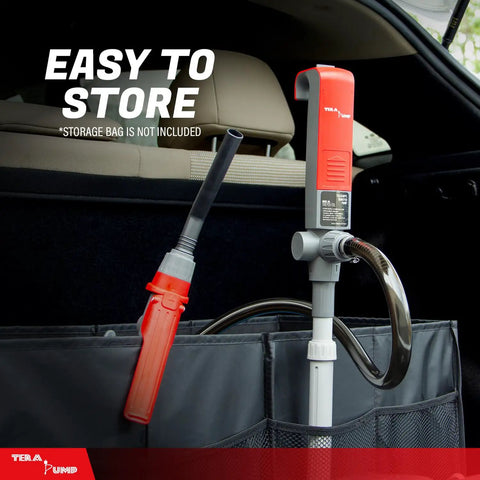 Heavy Duty Battery Operated Electric Chemical Transfer Pump With Adjustable Telescopic Suction Tube For Three To Twenty Gallon Drums Gas Cans And Pails Swivel Spout No Stress Duo Pack stored in car's trunk with fuel nozzle.