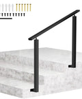 Rock Solid Heavy Duty Black Iron Handrail For Outdoor Steps And Porches Ready To Install Side Mount Staircase Railing with accessories.