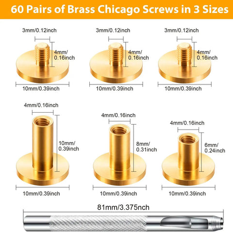 60 Pairs Solid Brass Chicago Screws For Belts And Jeans Including Heavy Duty Hole Punch Kit For Leather Straps And Clothing Repair Built Like A Tank With Corrosion Resistant Gold Finish That Hits Different On Every Project, showing screws in three sizes.