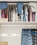 Heavy Duty Metal Pants Hangers With Clips, before and after closet organization showing clothes and denim on a multi-tier rack.
