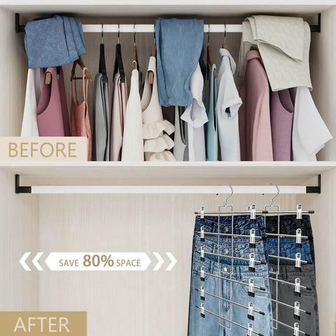 Heavy Duty Metal Pants Hangers With Clips, before and after closet organization showing clothes and denim on a multi-tier rack.