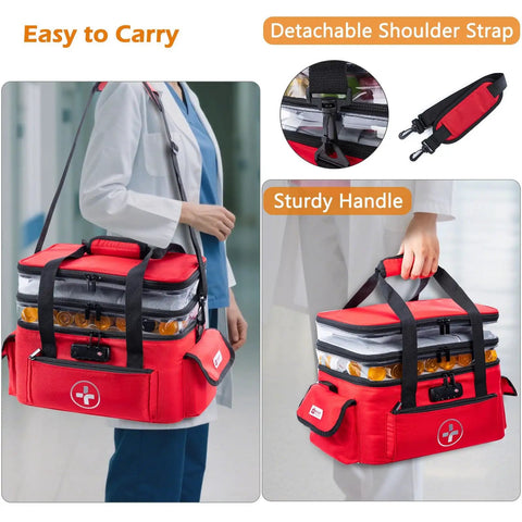 Your Go To 3 Tier Medicine Organizer With Combination Lock For Pills And First Aid Supplies, red bag with handles and strap.