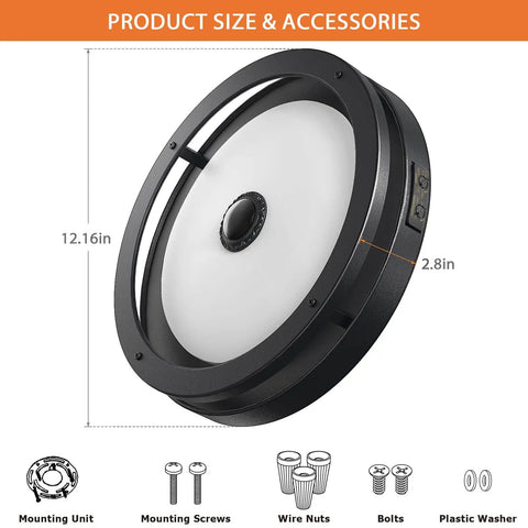 Outdoor Motion Sensor LED Ceiling Light Flush Mount 12 Inch Dusk To Dawn Exterior Black Fixture with mounting accessories displayed