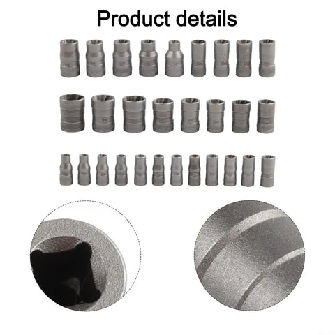 Premium 32 Pc Bolt Extractor Socket And Nut Remover Kit With 1/4 In And 3/8 In Adapters For Crushing Rusted Bolts And Lug Nuts Like A Pro In Workshop Or Home Repairs With Precision Metal Sockets. 32-piece metal extractor sockets with metric and inch sizes