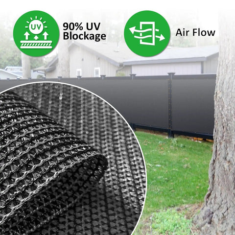 Black Privacy Screen Fence Mesh Cover 5ft By 50ft Heavy Duty Shade Net installed in yard with UV protection and airflow features