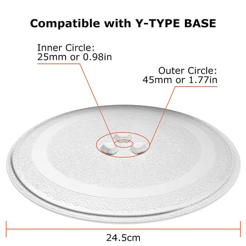 Universal 9.6 Inch Microwave Glass Turntable Plate Replacement With Coupler And Roller Ring For Kenmore Panasonic GE, showing dimensions and Y-type base compatibility
