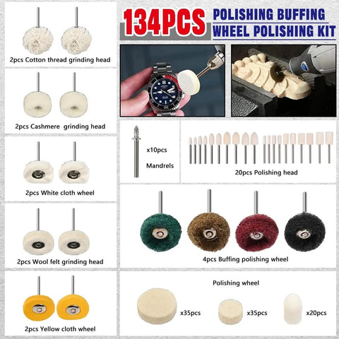 Straight Up Heavy Duty Buffing Wheel Polishing Kit Packs Felt Wool Pads And Top Shelf Compounds For Slick Metal Finishes Built For One Eighth Shank Rotary Tool Operators showcasing 134 pcs of various polishing heads and wheels.