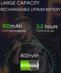Rechargeable lithium battery infographic, 800mAh capacity, 5.5-hour use, for Aroma Wireless XLR Transmitter and Receiver Set for Pro UHF Microphone System with 7 Channels, 65 to 130 Feet Range, Stable Interference Free Transmission for Dynamic Mics, Audio Mixer, PA, Church Use ARC2.