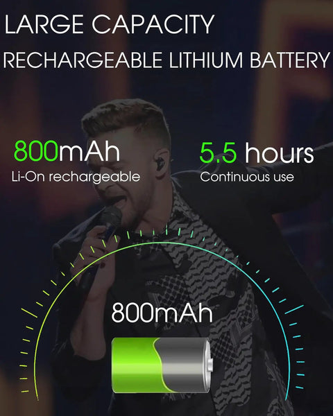 Rechargeable lithium battery infographic, 800mAh capacity, 5.5-hour use, for Aroma Wireless XLR Transmitter and Receiver Set for Pro UHF Microphone System with 7 Channels, 65 to 130 Feet Range, Stable Interference Free Transmission for Dynamic Mics, Audio Mixer, PA, Church Use ARC2.