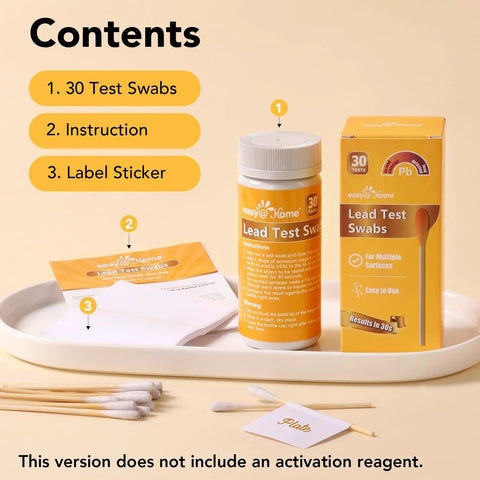 Lead Test Kit For Home Surfaces With 30 Rapid Swabs And 30 Second Results kit showing swabs, instruction manual, and packaging