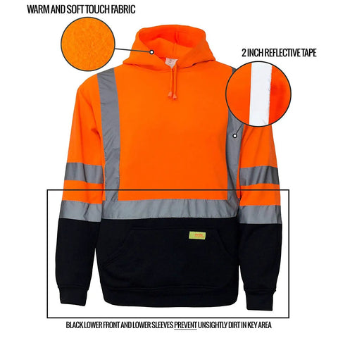 Hi Vis High Visibility ANSI Class 3 Sweatshirt Hooded Pullover for Men with Knit Lining in orange, size Large, showing reflective strips.