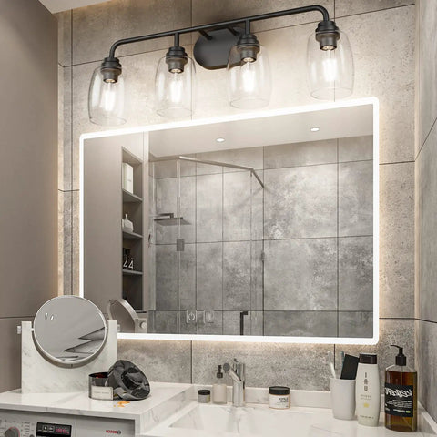 4 Lights Black Vanity Light Fixtures Over Mirror With Clear Glass Shades Industrial Vibe Wall Sconce For Bathroom