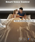 Couple using 16.4 Ft Smart LED Strip Light With App And Remote 6500K Cool White Cob LEDs WiFi Enabled Alexa And Google Compatible in bedroom.
