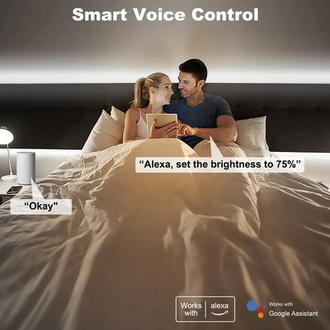Couple using 16.4 Ft Smart LED Strip Light With App And Remote 6500K Cool White Cob LEDs WiFi Enabled Alexa And Google Compatible in bedroom.