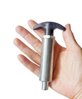 Heavy Duty Spring Loaded Pull Pin With Extended Welded Steel Barrel And Sure Grip Black Handle held in hand for size comparison.